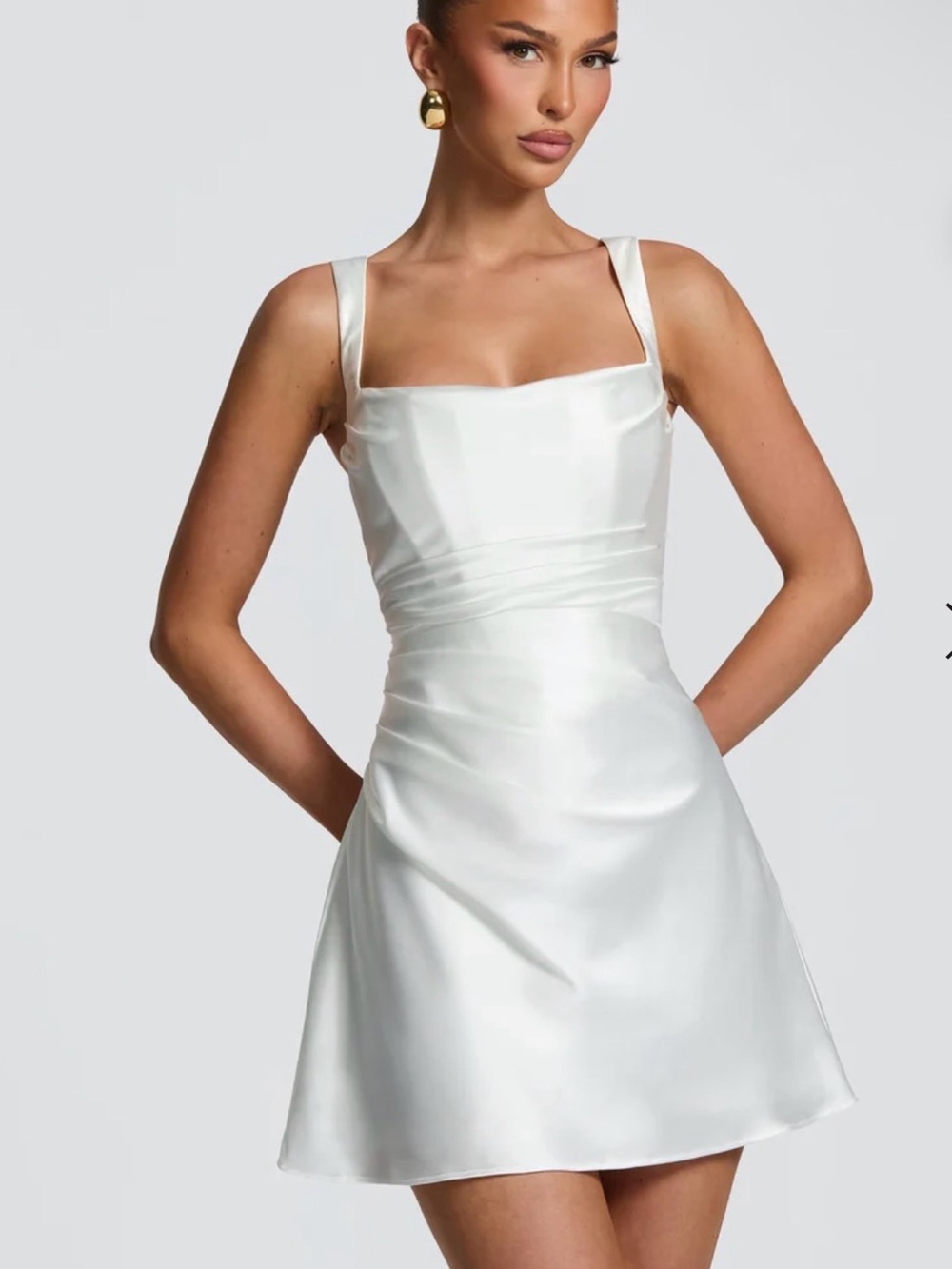 Satin Square-Neck Mini Dress in Ivory